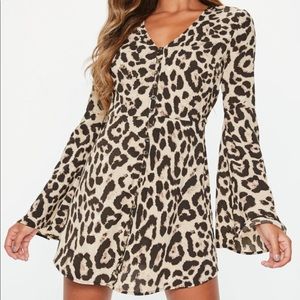 Flare Long Sleeve Cheetah Print Button Up Dress